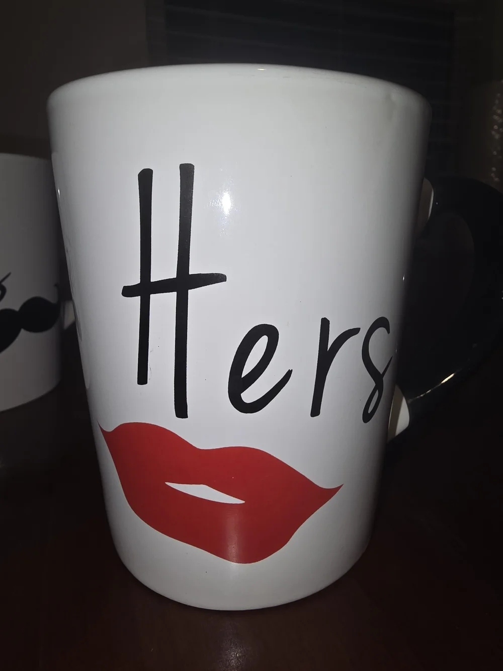 His and Hers White Stoneware 20 oz Mugs Set with Black Mustache and Red Lips 💋